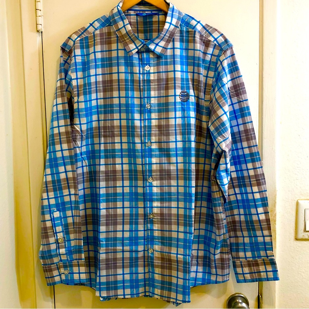 AT&T Button-Up Plaid Uniform Shirt Collar Button Cuffs Curved Hemline Large NWOT
